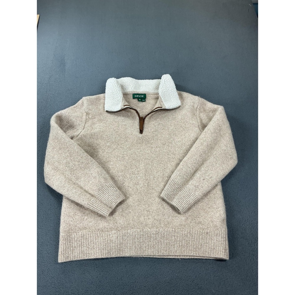 Orvis Sweater Mens XL Beige Lambswool Blend 1/4 Zip Collared Pullover Knit